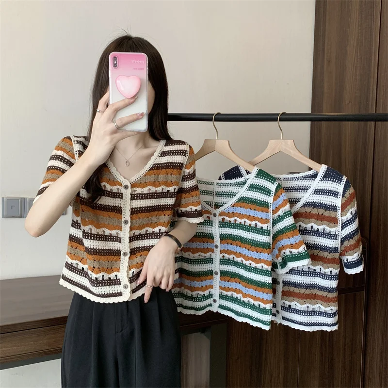 Women Crochet Knit Top Short Sleeve V-Neck Button Up Embroidery Striped Blouse Cardigan Summer Fairycore Cottagecore Outfit