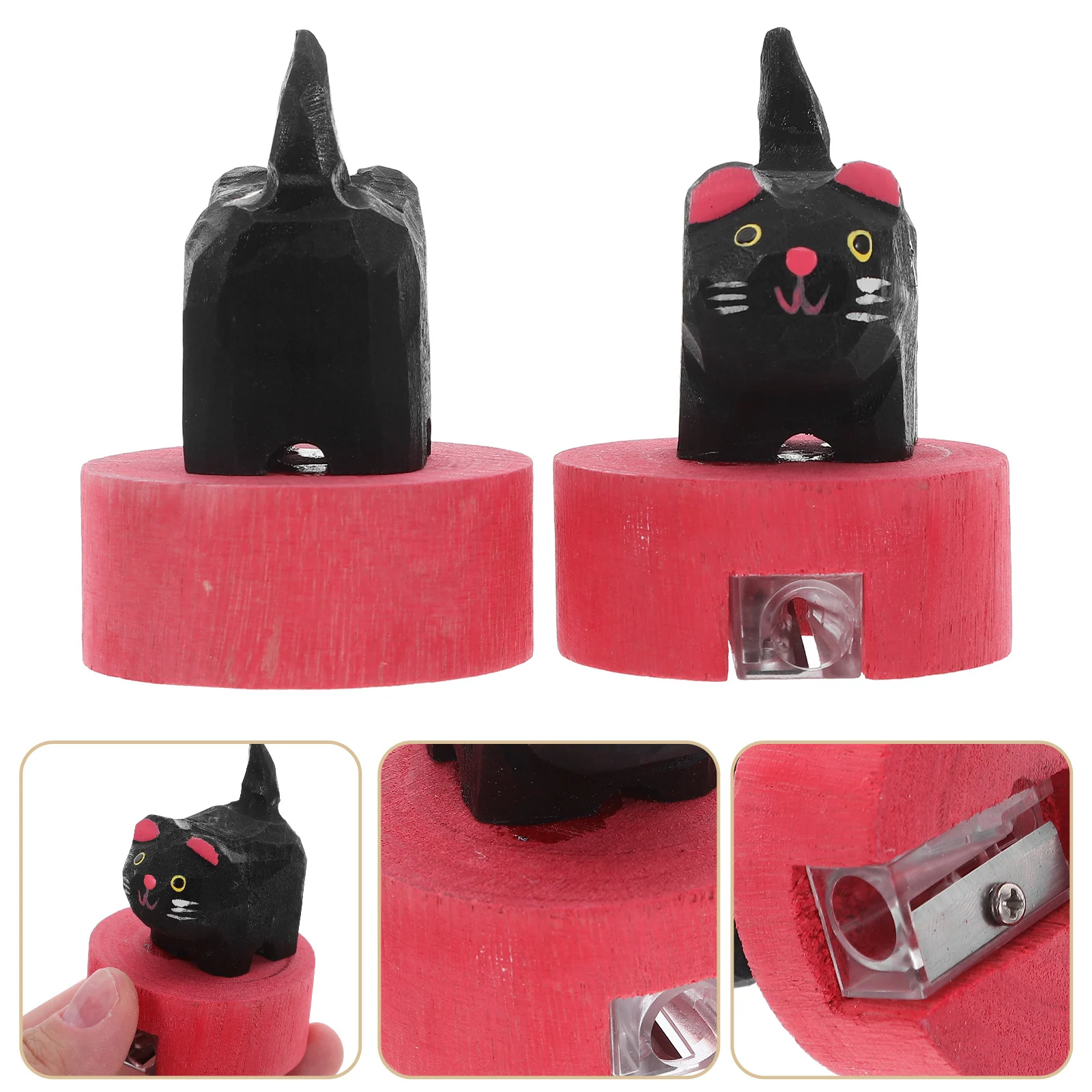 2pcs Cat-Shaped Pencil Sharpener Realistic Black Cat Design Wooden Manual Sharpener For School Supplies Classroom Prizes
