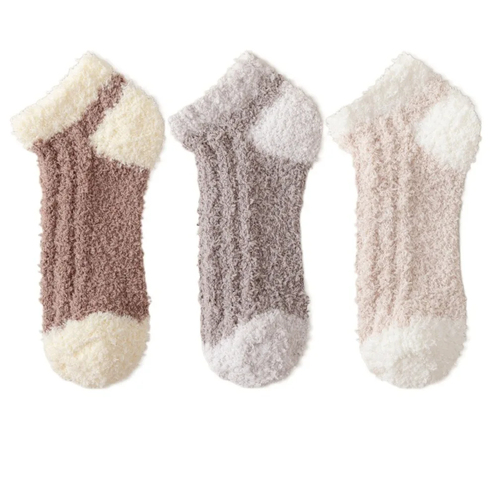 

3Pairs Creative Thickened Coral Fleece Socks Winter Sleeping Floor Socks Hosiery Simple Warm Boat Socks Women Autumn