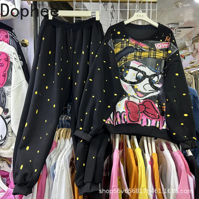 

Casual Women Two-piece Sets Sequins Mickey Printed Autumn Long Sleeve Hoodie Top + Yellow Dot Elastic Waist Harem Pants Suits