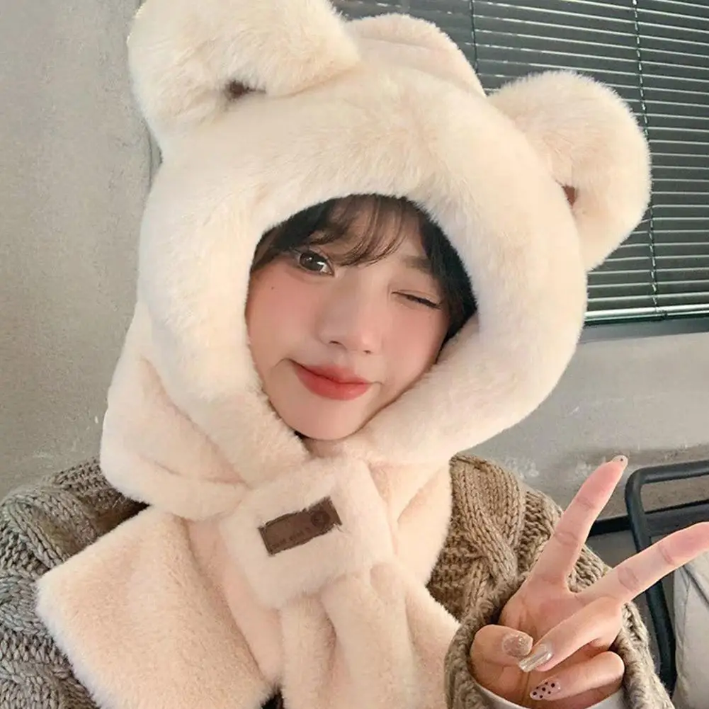 Plush Integrated Cap Scarf Ear Protection Women Winter Windproof Anti-Freeze Beanie Hat Scarf Thickening Plush Bear Hooded Scarf