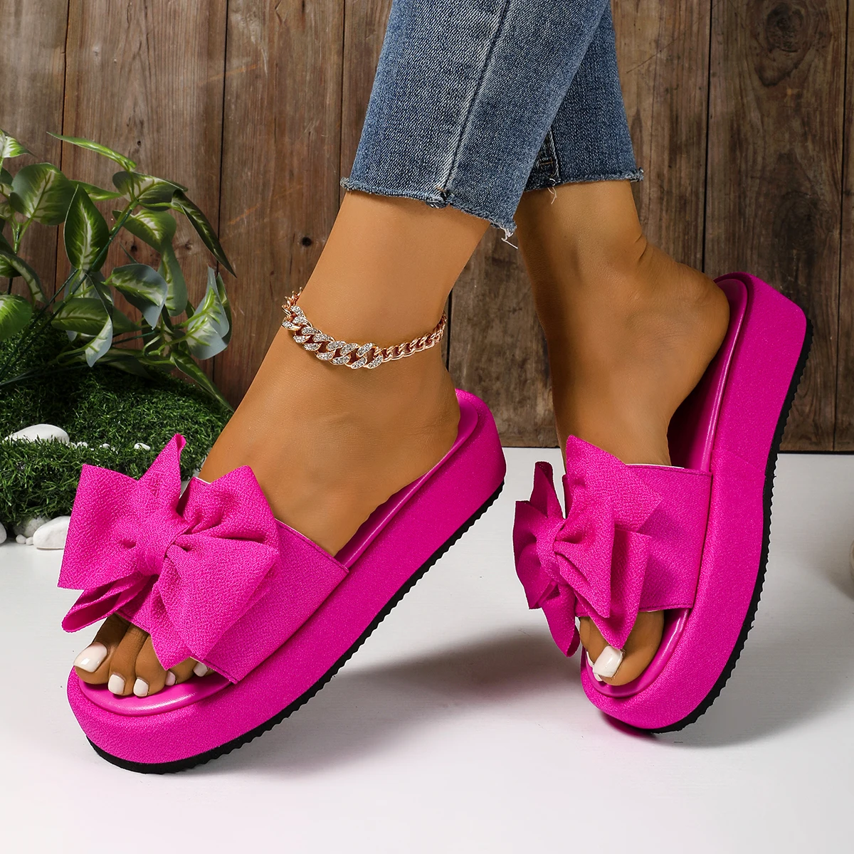 New Summer Round Head Bow Fish Mouth Comfortable Casual Slippers Fashionable Elegant Thick-soled Light Sandals for Women