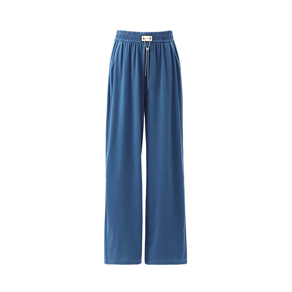 Pantalon en Denim fin et ample pour femmes, décontracté, chaînes de mode d'été, cordon de serrage, taille élastique, pantalon droit en soie glacée, jambes larges