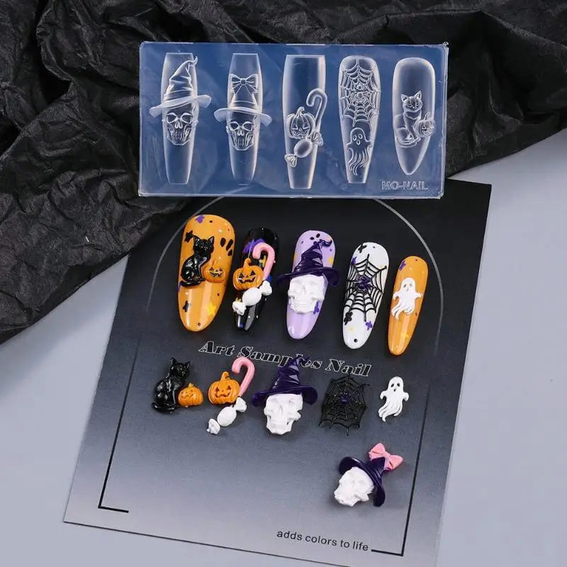 Cartoon Halloween Element Nail Silicone Mold Ghost Skull Pumpkin Grave Shape Carving 3D Jewelry Soft Template Manicure Supplies