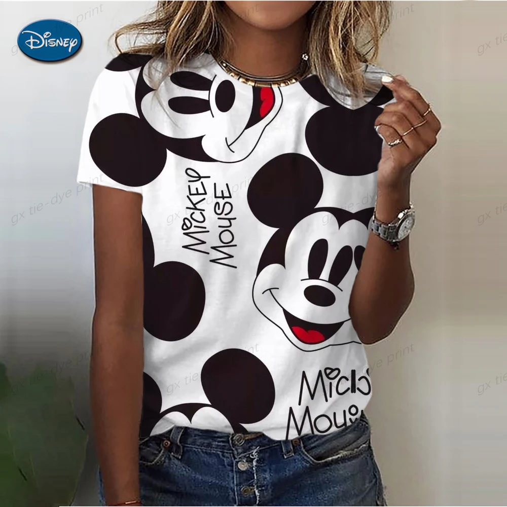 Śmieszna koszulka z nadrukiem Disney Mickey Mouse dla kobiet Modne topy z krótkim rękawem z dekoltem w szpic Letnia gorąca wyprzedaż Damskie