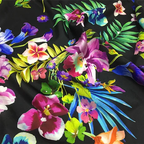 

Black Floral Printed Silk Habotai Fabric – 100% Mulberry Silk