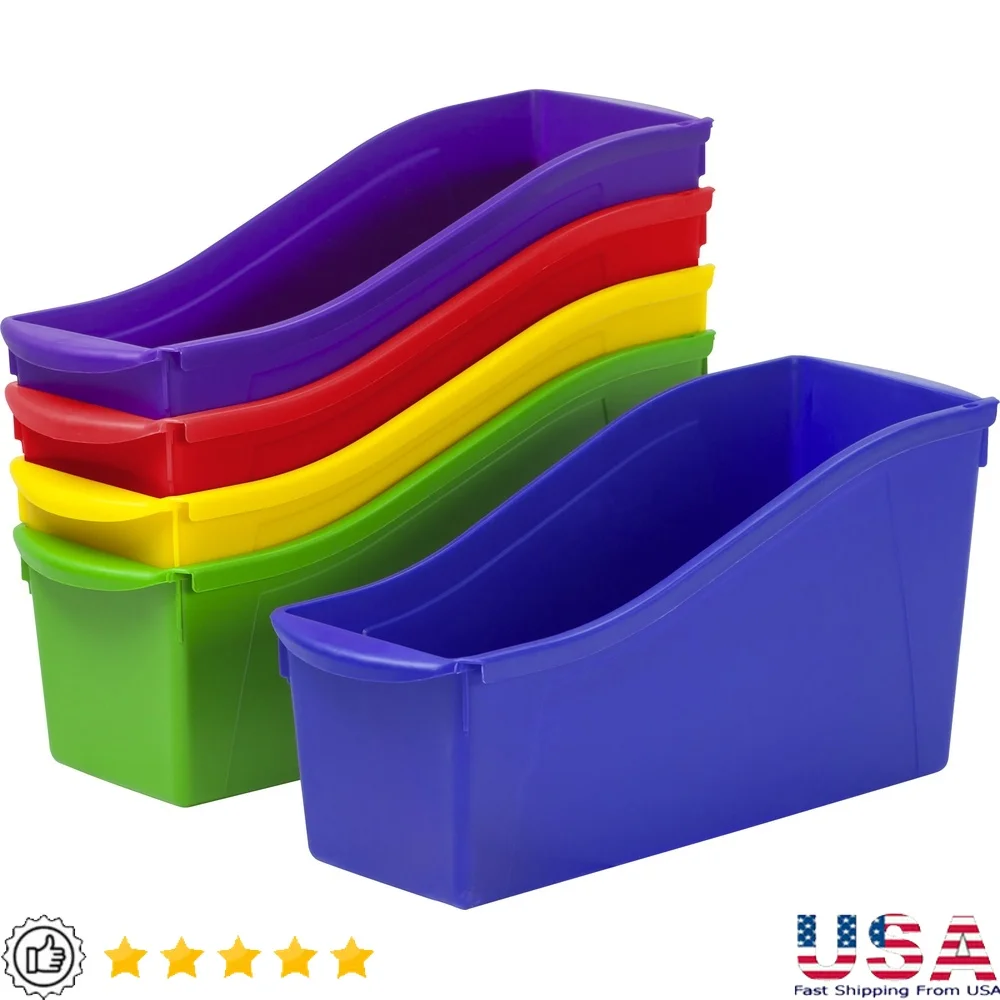 

Large Plastic Book Magazine Storage Bins Set of 5 Interlocking File Holders Easy Clean Durable Assorted Colors Ideal