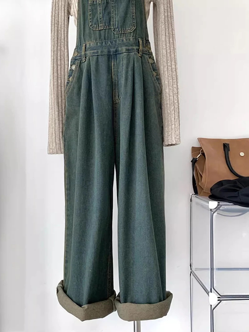 Reddachic Vintage Groene Wash Denim Jumpsuit Vrouwen Pintuck Wijde Pijpen Jeans Overalls Zomer Losse Casual Koreaanse Streetwear