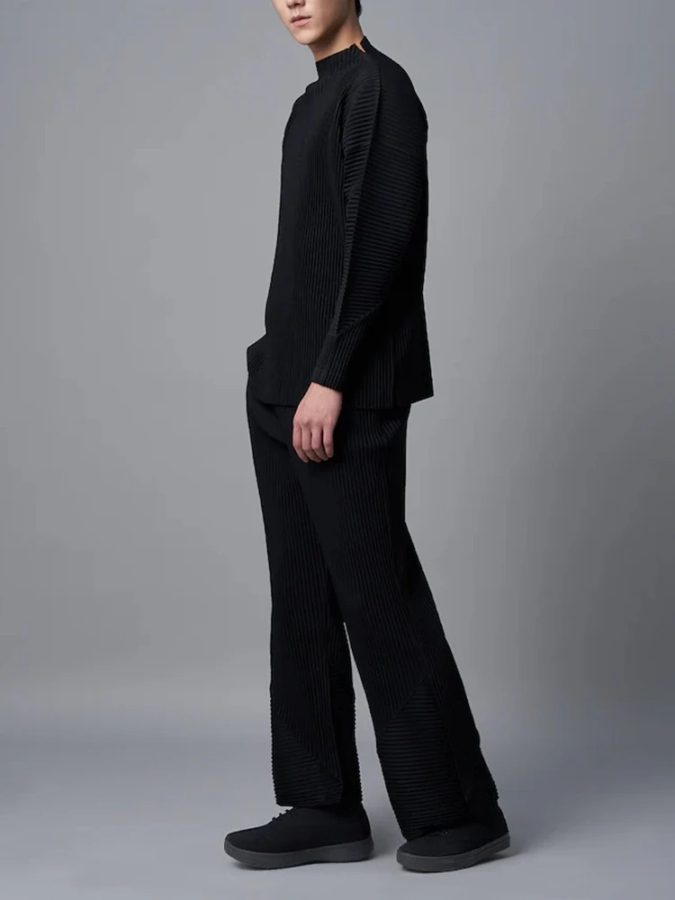 Miyake Men's Pleated T Shirts Mock Neck Long Sleeve Drop Shoulder Top