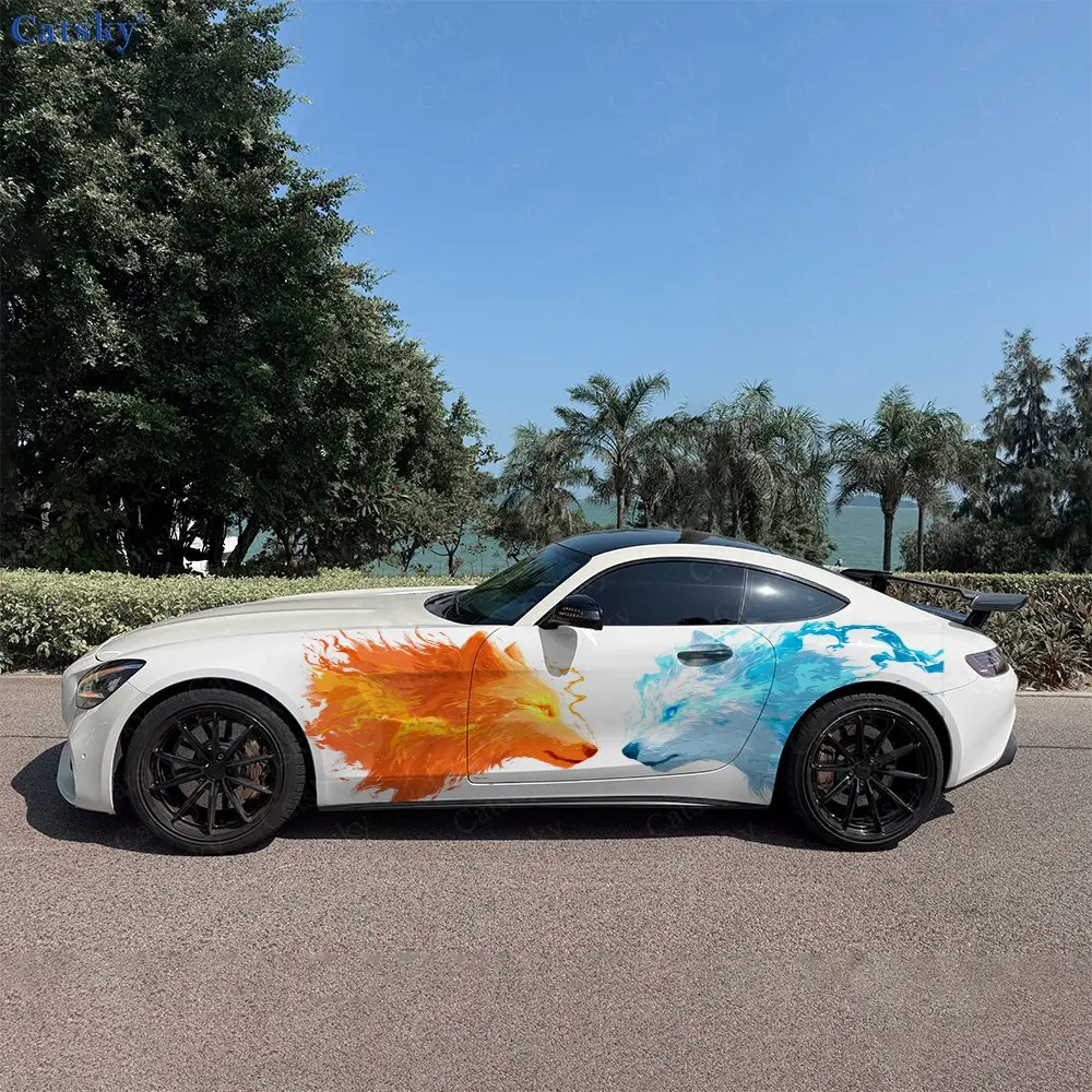2pcs Fire Ice Opposing Wolves Car Side Wraps, Self-Adhesive PVC Waterproof & Scratch-Resistant Stickers, Car Accessory Gift