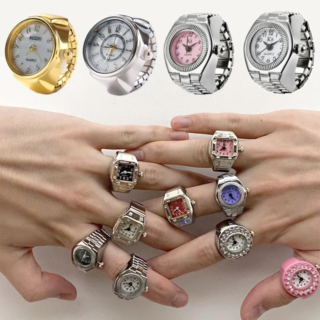 Anillo de reloj de dedo de cuarzo Digital para mujeres y hombres Vintage dorado plateado Mini relojes Punk anillos elasticos joyeria regalo de reloj AliExpress