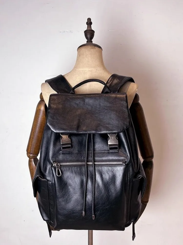 High Quality Cowskin Genuine Leather Backpack Men Solid Color School Large Capacity Laptop Backpacks Fashion Casual Travel Bag