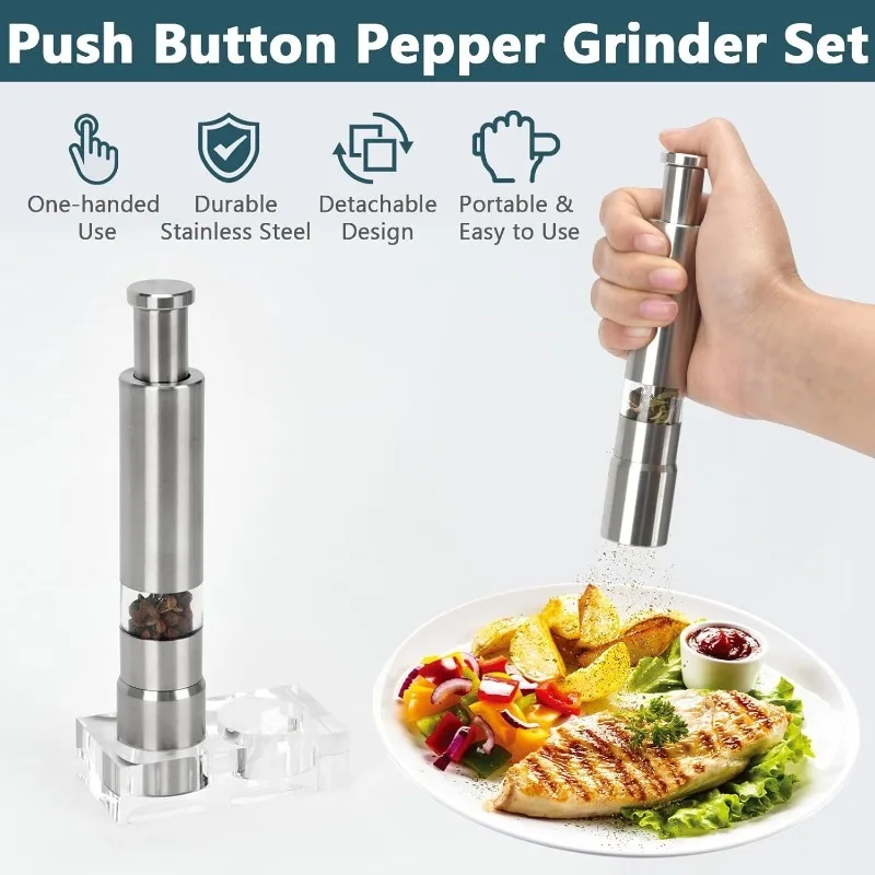 2Pcs Salt and Pepper Grinder, Stainless Steel Thumb Button Peppermill with Base Manual Refillable Thumb Press Grinder Set for Black Pepper Sea Salt Spice