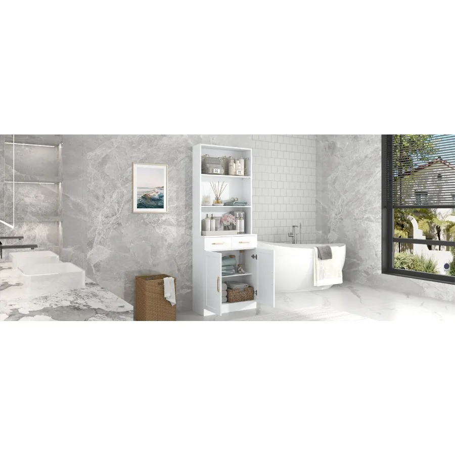 خزانة تخزين الحمام مع بابين وأدراج، رف قابل للتعديل، رف مفتوح، لوح MDF أبيض