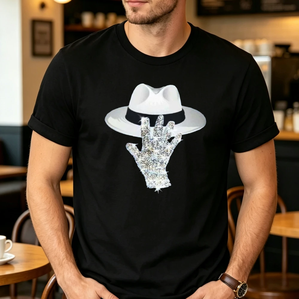 Retro Pop Music Graphic Tshirt White Fedora Hat Sequin Rhinestone Glove Print Tee Stage Dance Lover Gift Casual Short Sleeve Top