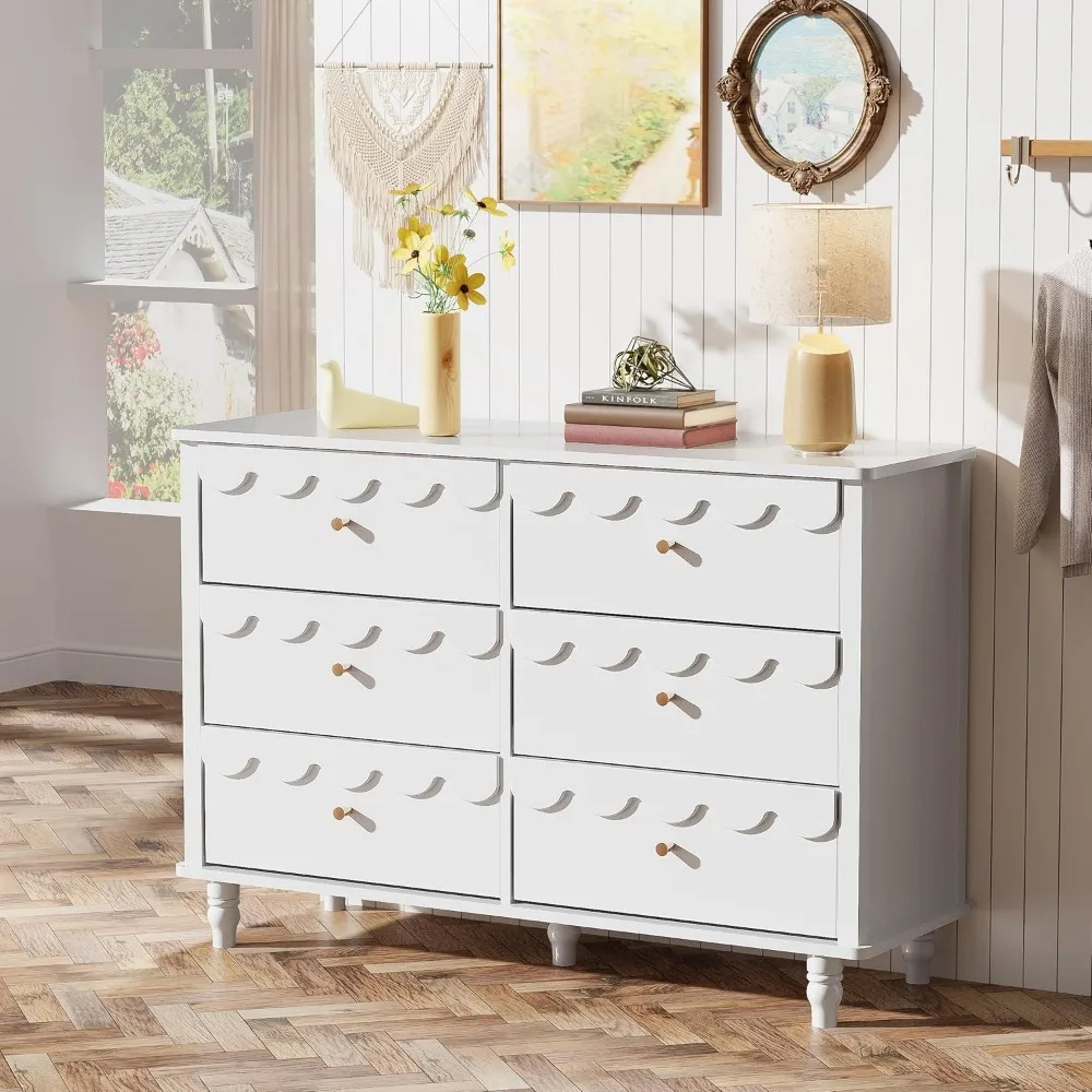 

White 6 Drawer Dresser for Girls Bedroom, Modern Wide Chest of Drawers, Scalloped Organizer Storage with Drawers, Fluted P
