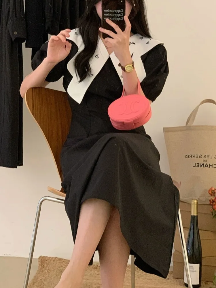 발레 슬리브 드레스 자수 나비 칼라 헵번 스타일 롱 스커트 한국 스타일 봄 여름 가을 겨울 유니버설