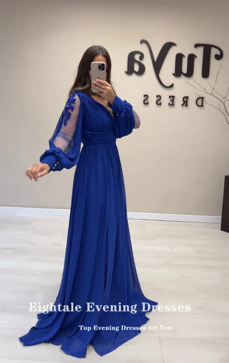 Eightale Royal Blue Evening Dress for Wedding Party V-Neck Lace Customized Long Sleeves Chiffon Plus Size Prom Gown