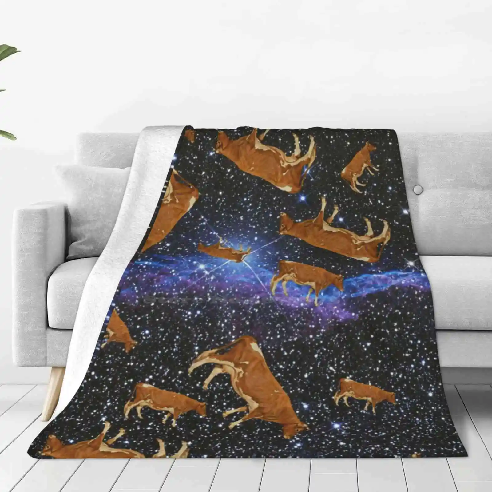 Space Cow In Universe Four Seasons Comfortable Warm Soft Throw Blanket Ufo Abduction Funny Animal Stars Cartoon Cute Cows