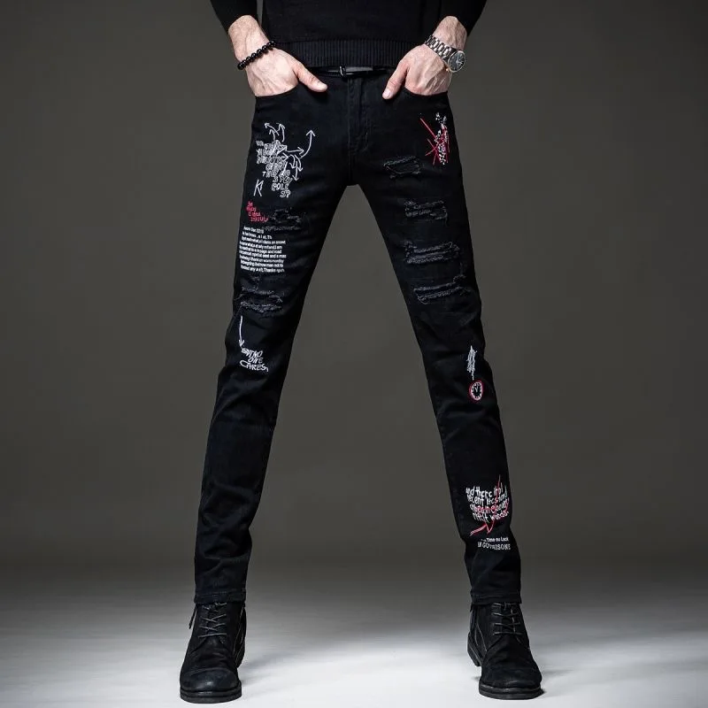 

Spring and Autumn Trend Printed Hole Straight Leg Stretch Denim Jeans Men's Casual Slim Fit Comfortable Sports High-Grade Jeans