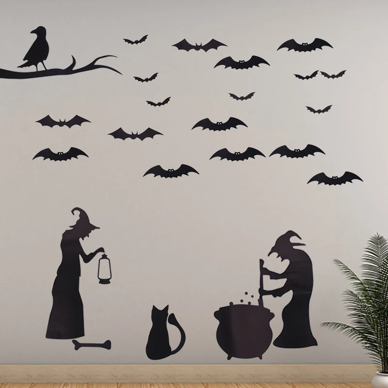 

4Pcs Halloween Window Stickers PVC Black Witch Bat Spider Wall Sticker Decoration Halloween Party Decoration DIY Wall Decoration