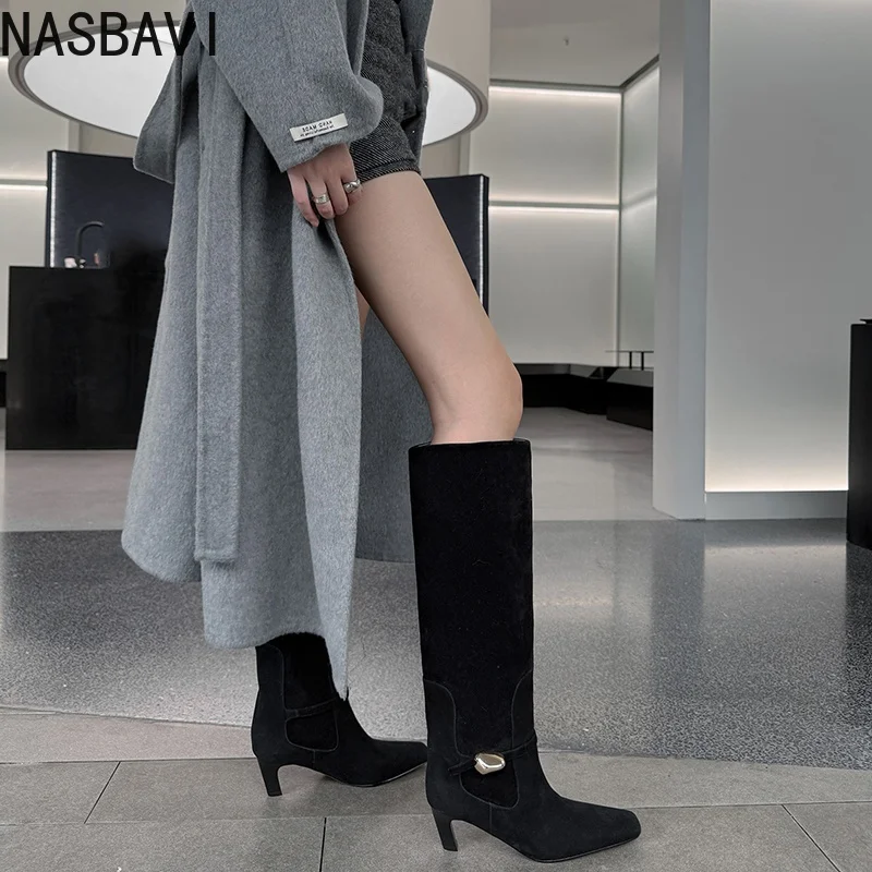NASBAVI 2026 موضة النساء حذاء برقبة للركبة فو الجلد المدبوغ عالية الكعب الشتاء أحذية امرأة أشار تو أحذية طويلة فستان سيدة حجم 34-40 #5