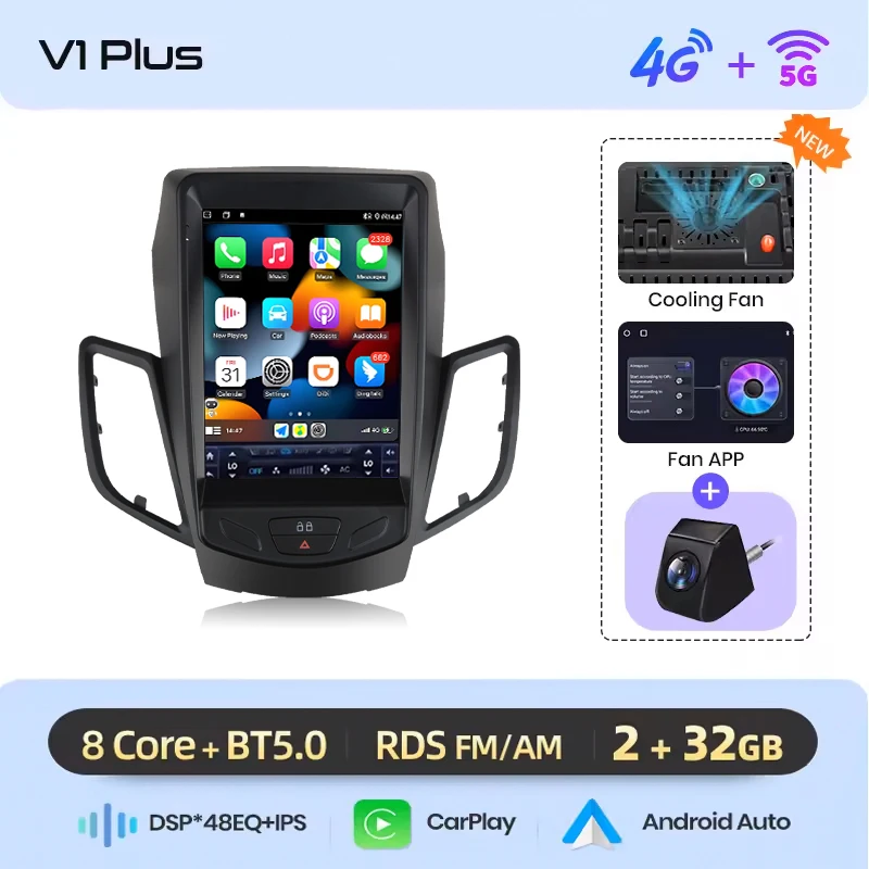 Junsun 9.7'' Tesla-stijl Android autoradio voor Ford Fiesta MK7 2009-2016, draadloos Apple CarPlay, IPS-scherm, stereo multimediaspeler, auto smart intelligent systeem, 2-DIN autoradio head unit,