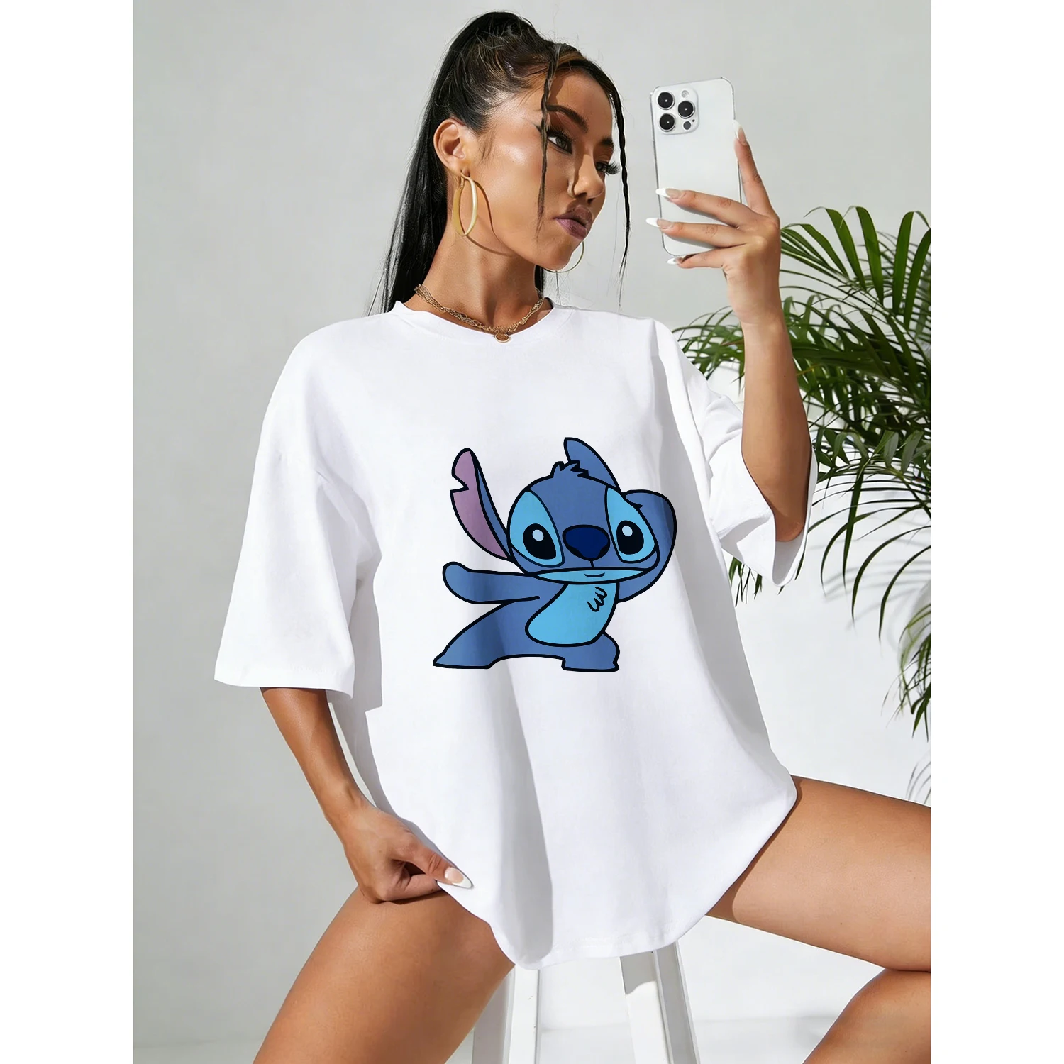 디즈니 여름 스타 베이비 스티치 다이나믹 스타일 100% 코튼 프린트 티셔츠 남성과 여성을위한 캐주얼 통기성 탑 Y2k