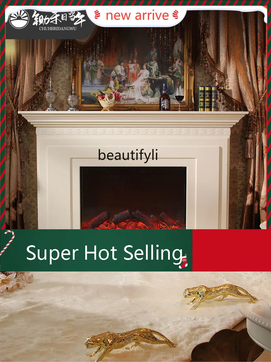 S132  French Retro Fireplace Curio Cabinet Simple TV Cabinet Simulation Flame Living Room Solid Wood Electric Fireplace Core
