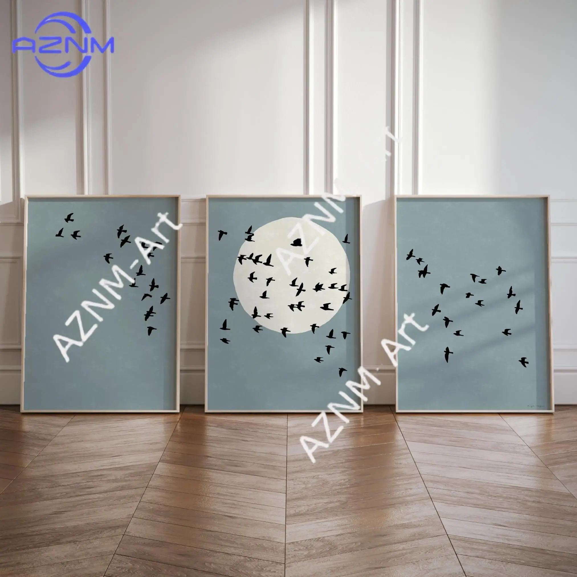 1/3 Stück Japandi Triptychon Wandkunst Vogelgeflüchtel am Vollmond, minimalistische Drucke, Poster mit blauem Hintergrund, skandinavische nordische Dekoration