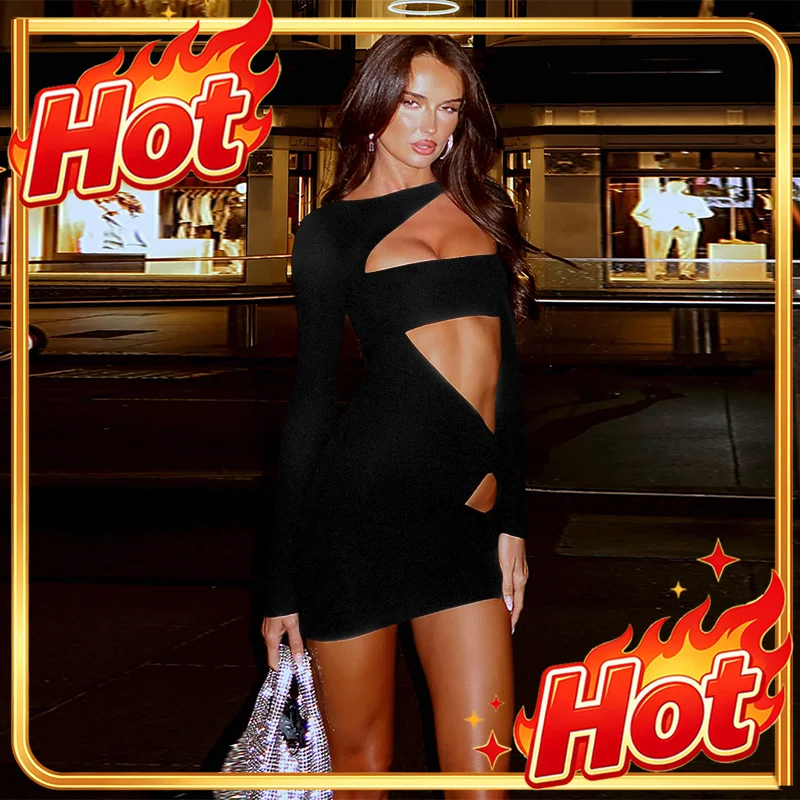 2024 Autumn New Pure Color round Neck Long Sleeve Sexy Hollow out Short Skirt Bodycon Dress European And American Cross-Border
