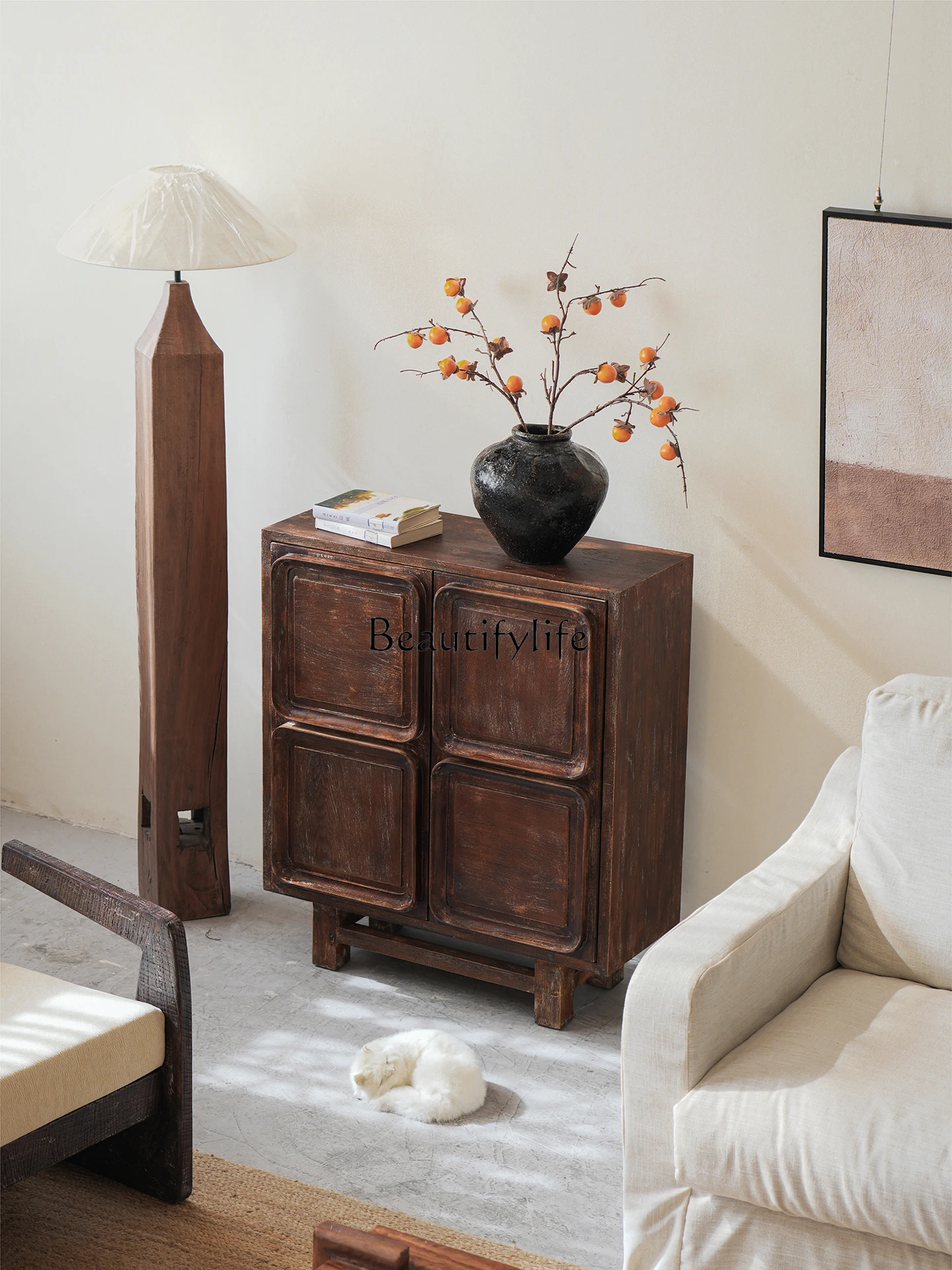 

Wabi Sandy Wind Living Room Solid Wood Sofa Side Cabinet Storage Cabinet