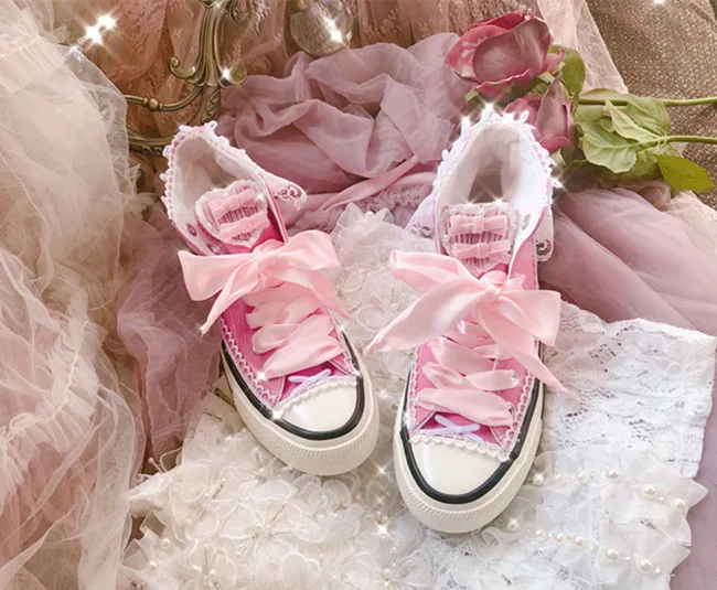 اليابانية الأصلية الوردي لوليتا حذاء قماش الحلو لطيف القوس حزام الدانتيل حافة حذاء كاجوال تنوعا عالية الجودة أحذية يوميا الخروج #4