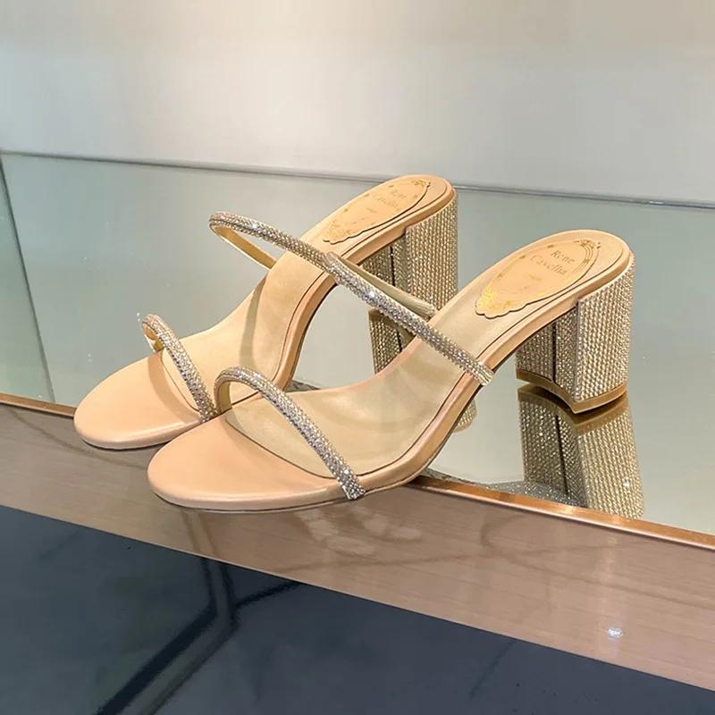 

CHMURY Designer Luxury Gold Round Toe Block High Heels Rhinestone Crystal Mules Slippers Sandals Shoes Women Summer 2024 6.5cm