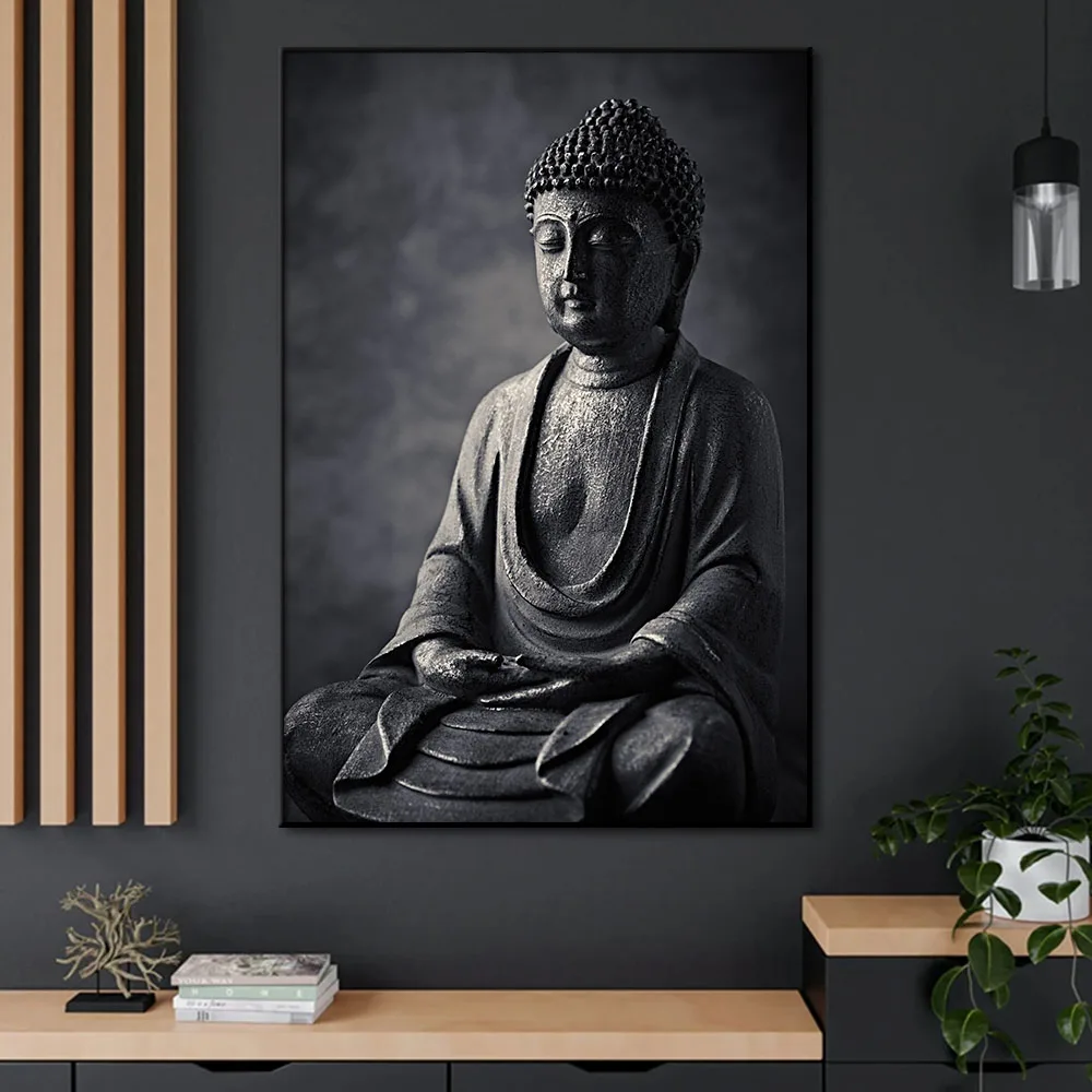 Black White Buddha Statue Poster Zen Religion Wall Art Canvas Painting Print Meditating Picture Living Room Home Decor Cuadros