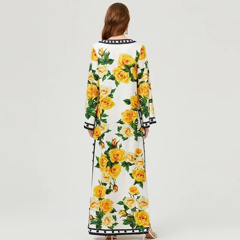 2024 New Summer Yellow Rose Flower Dot Print Long Dress Oversize Loose Bohemian Women O Neck Flare Sleeve Split Holiday dress