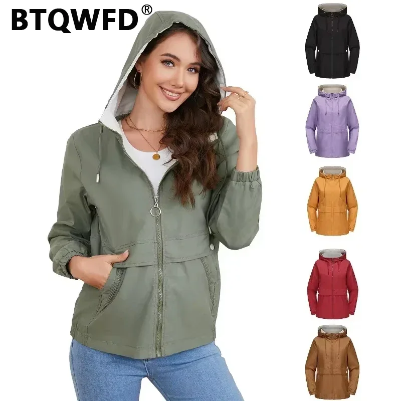 

BTQWFD Women's Trench Hooded Coat Jackets Female Clothing Windbreaker Fashion Zipper 2024 New Spring Autumn Winter Outerwear