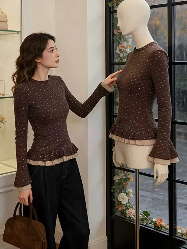 

plus Size Korean Sle round Ne Long Sve T-irt Women Winter Double Layer Ruffle Floral Print Slim Fit Bell Sve Top