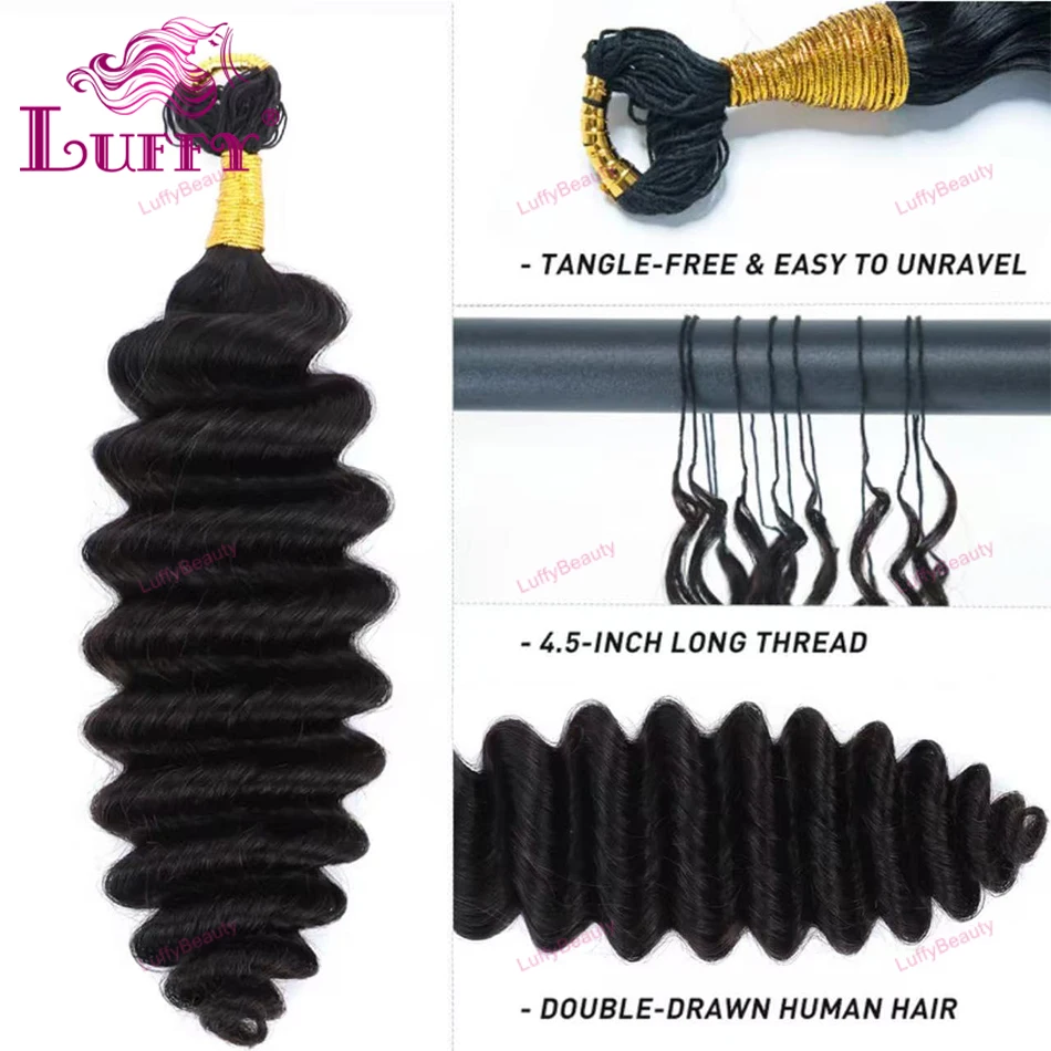 موجة عميقة تجديل ريشة الكروشيه الشعر البشري لضفائر بوهو قبل فصل ترقية الشعر السائبة قابلة لإعادة الاستخدام وصلات شعر ريشة