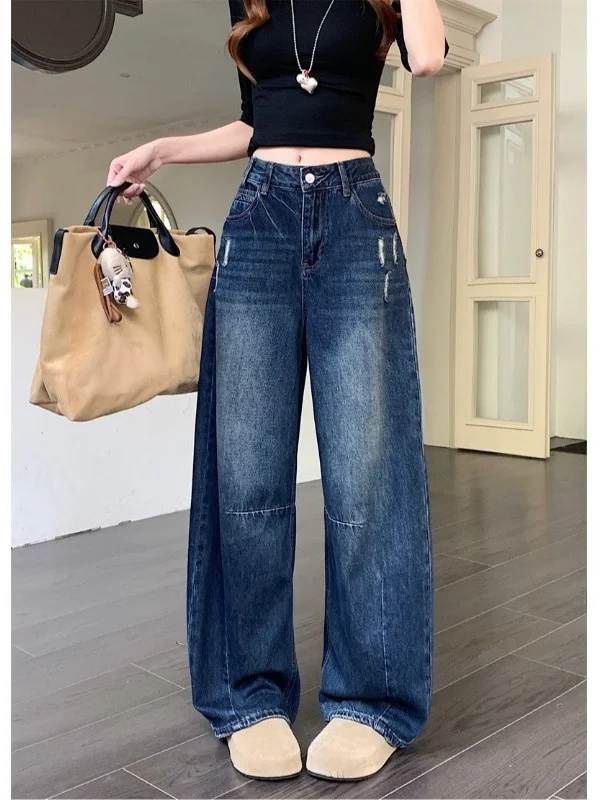 

American Style High Waist Washed Denim Jeans Women Spring New Loose Slimming Versatile Fashionable Trousers