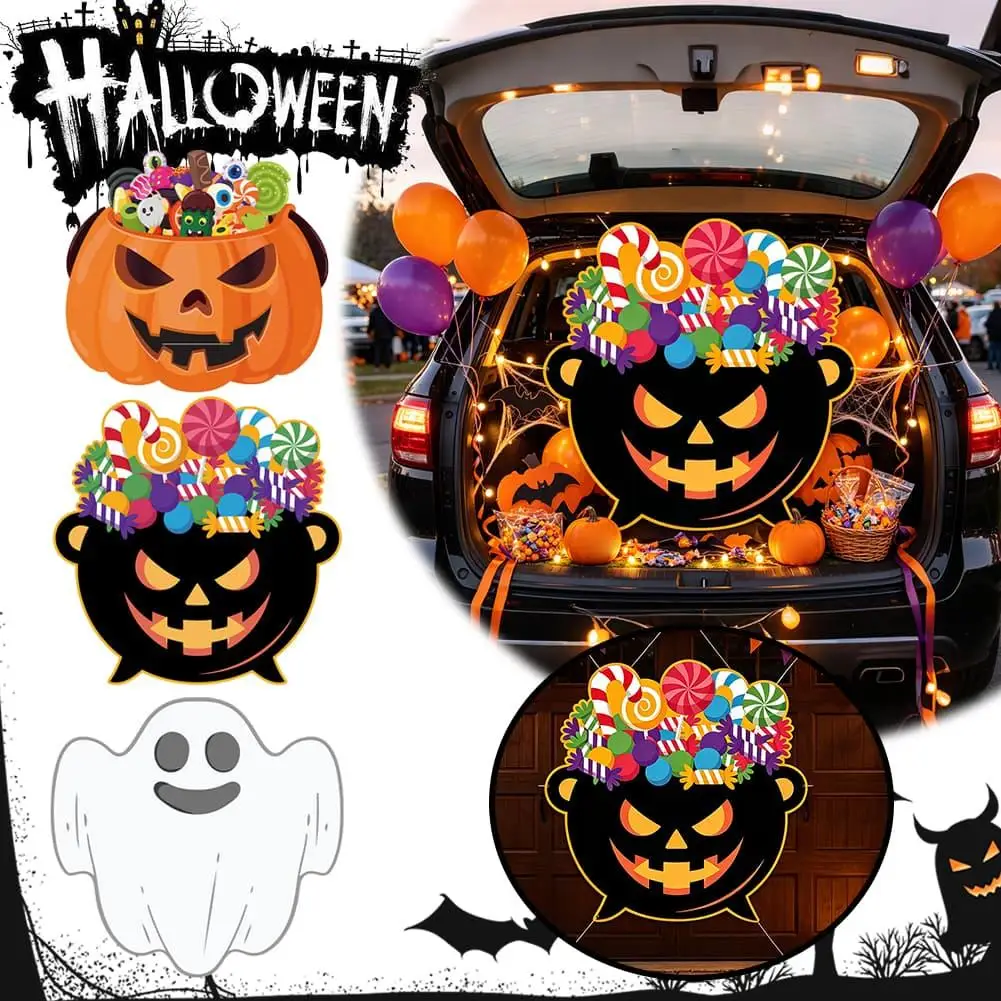 1/3PCS Trunk Or Treat Halloween Pumpkin Candy Bucket Sign Waterproof Car Rear Trunk Decor Outdoor Halloween Supplies