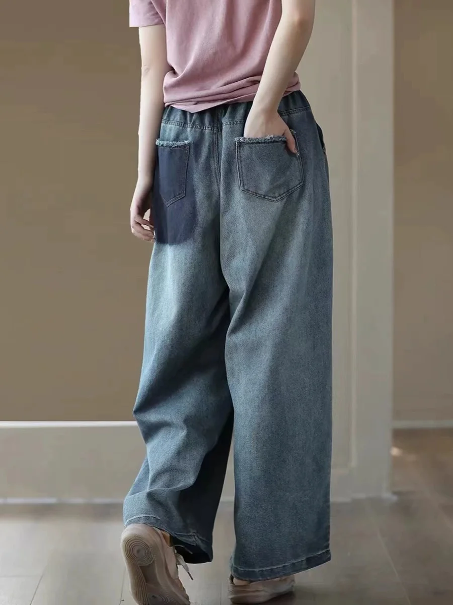 Vintage-Jeans aus voller Baumwolle für Damen, lockere Hose mit geradem Bein, weites Bein, lässige, lockere Passform, lange Hose, Denim-Jeans mit hoher Taille