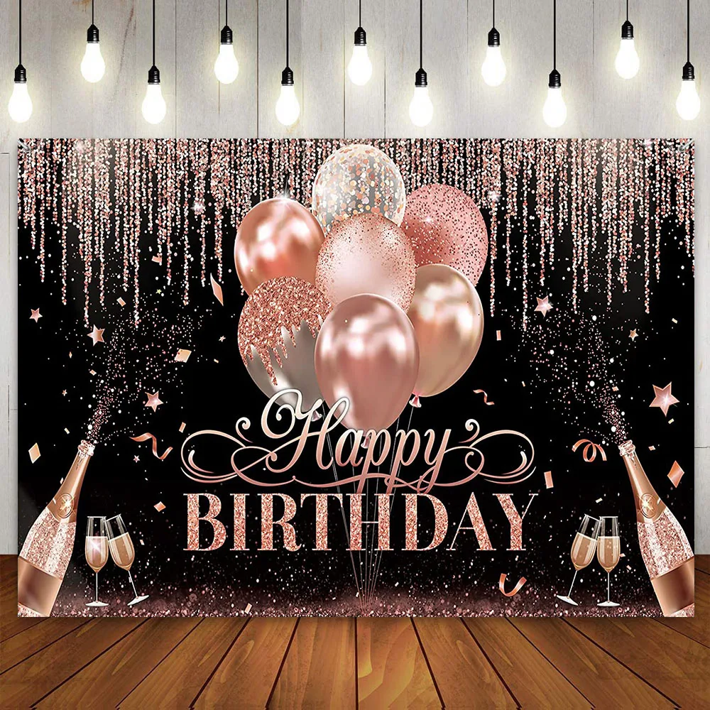 

Happy Birthday Party Decoration Banner Backdrop Pink Rose Gold Champagne Balloon Photography Background for Women 30th 40th 50th