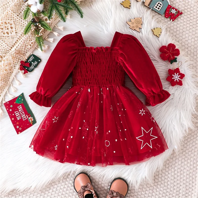 Little Girl Christmas Dress Fashion Star Snowflake Print Shirred Square Neck Ruffle Sleeve A Line Tulle Dress for Fall Winter