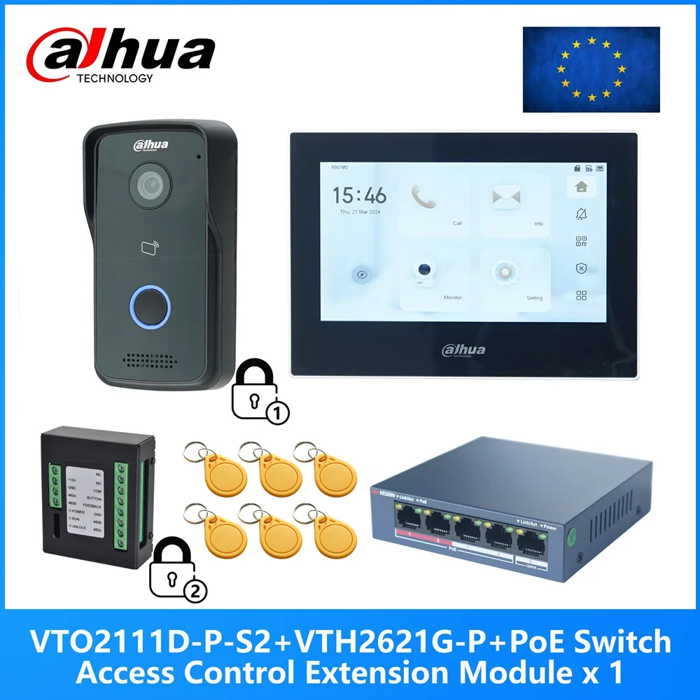 Dahua IP Video Intercom KIT control 2 locks,VTO2111D-P-S2 & VTH2621G-P & PoE switch,support SIP,Support RFID Card Unlock