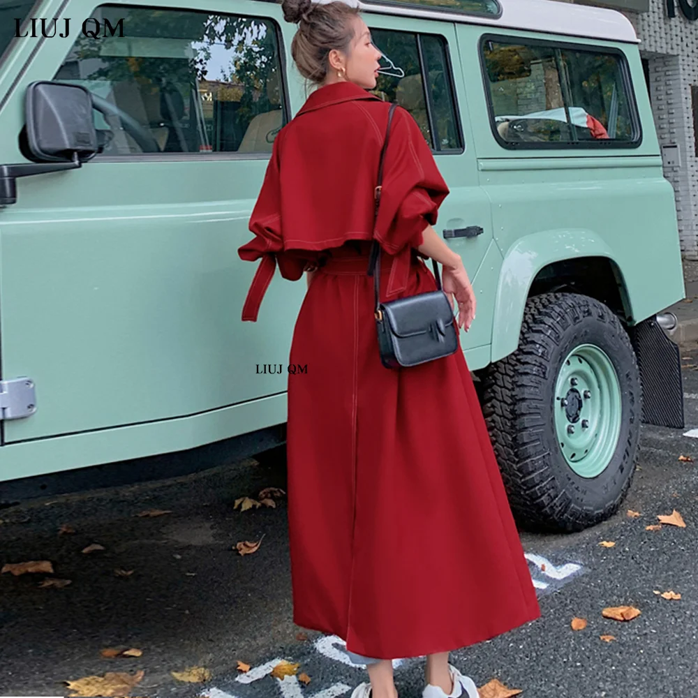 Spring Autumn Double Breasted Trench Coat Women\'s Temperament  Red Windbreaker Overcoat Woman Long Over Knee England Style 2023