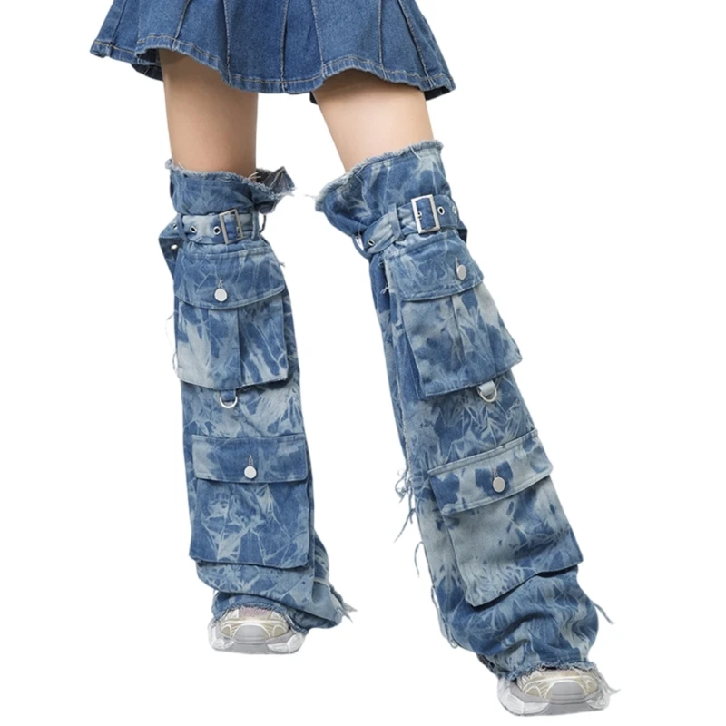 

Over the Knee Tie Dye Denims Leg Warmers for Women Buckled Strap Leg Covers Baggy Loose Flared Long Socks Streetwear 15UB