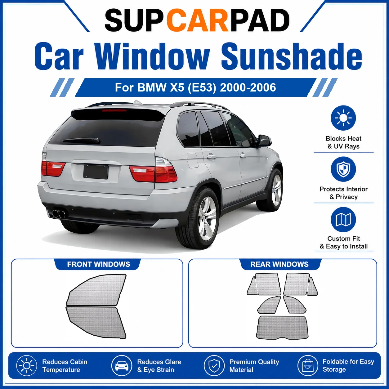

For BMW - BMW X5 (E53) 2000-2006 Full Set Car Window Sunshades UV Block Privacy Heat Insulated Foldable Car Curtain