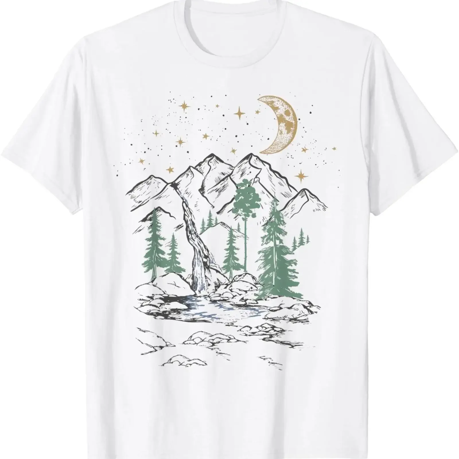 Apparel Night of Stars Beautiful Mountain Waterfall T Shirt vintage Washed Casual designer clothes homme graphic Stretched