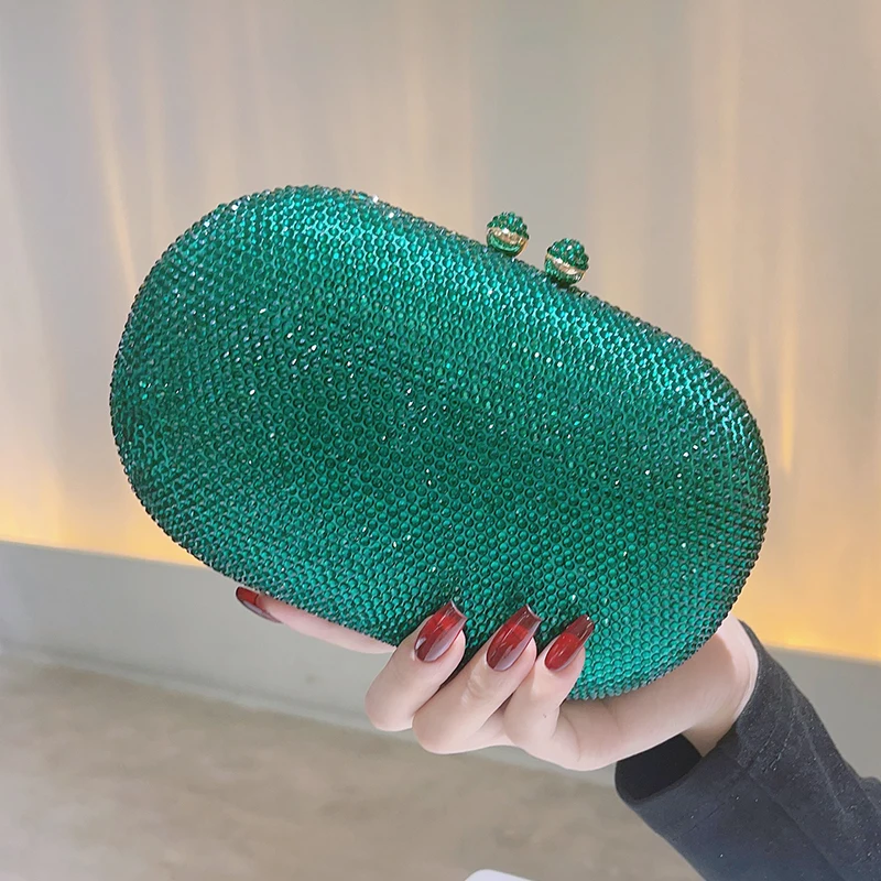 Oval Evening Bag for Women Party Clutches and Evening Bags with Crystal Rhinestone for Party Wedding Prom Dress Chain Bag